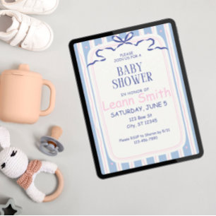 Rosa Herzen und Blue Bows Baby Dusche Einladung