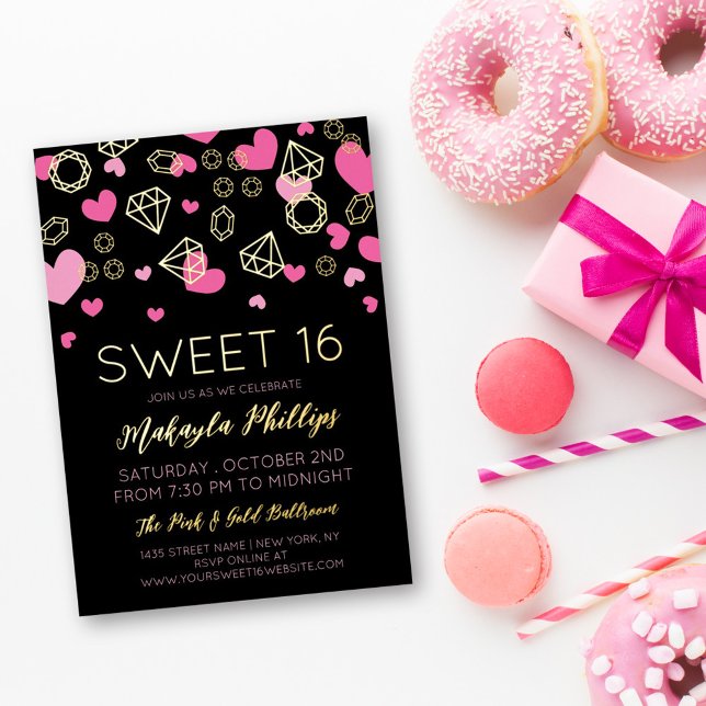 Rosa Herzen und goldene Edelsteine süß 16 Folieneinladung (Von Creator hochgeladen)