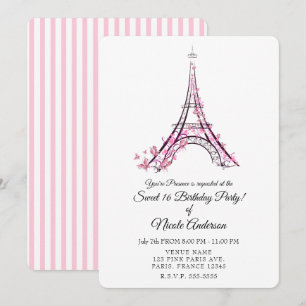 Rosa Herzen und Schmetterlinge Paris Eiffel Tower  Einladung