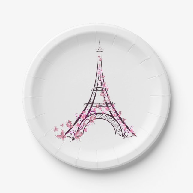 Rosa Herzen und Schmetterlinge Paris Eiffel Tower  Pappteller (Vorderseite)