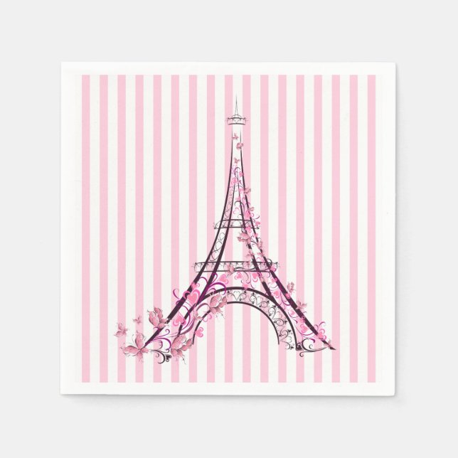 Rosa Herzen und Schmetterlinge Paris Eiffel Tower  Serviette (Vorderseite)