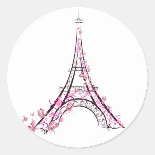 Rosa Herzen und Schmetterlinge Paris Eiffelturm Runder Aufkleber