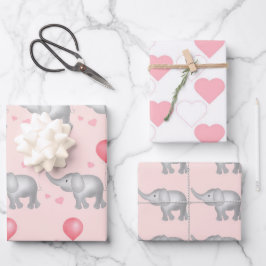 Rosa Herzen und Wasserfarben Elefantengeschenk Geschenkpapier Set