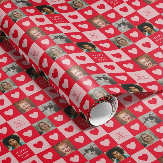 Rosa Herzkarton mit Fotos Valentine Geschenkpapier (red and pink checkerboard patterned gift wrap with hearts, four custom photos and personalized text)