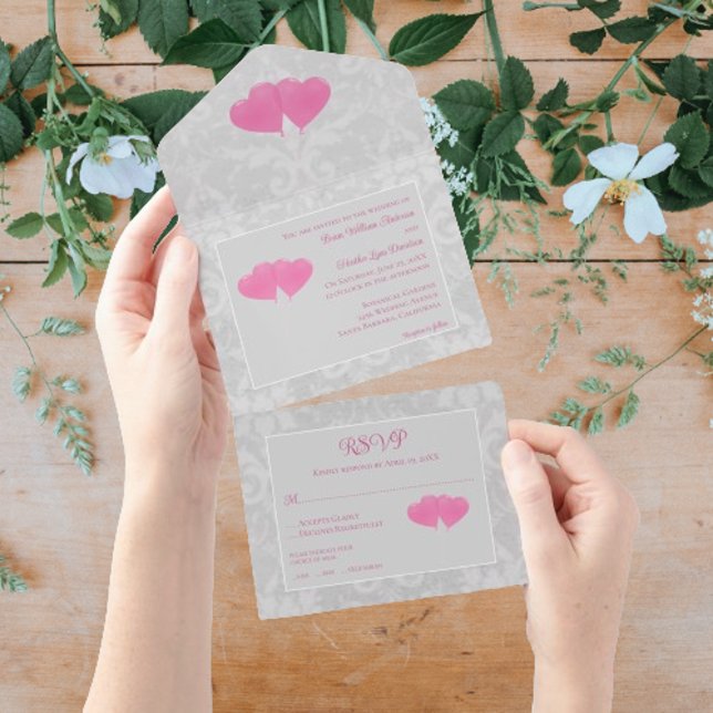 Rosa Herzklopfen, die alle in einer Einladung hoch (Pink Heart Balloons Wedding All in One Invitation)