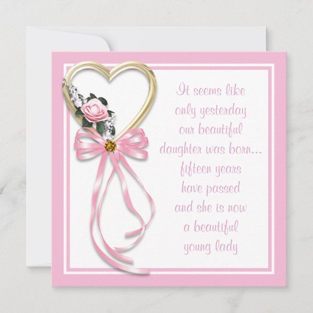 Rosa Herzklopfen Rose Quinceanera Einladung (Vorderseite)