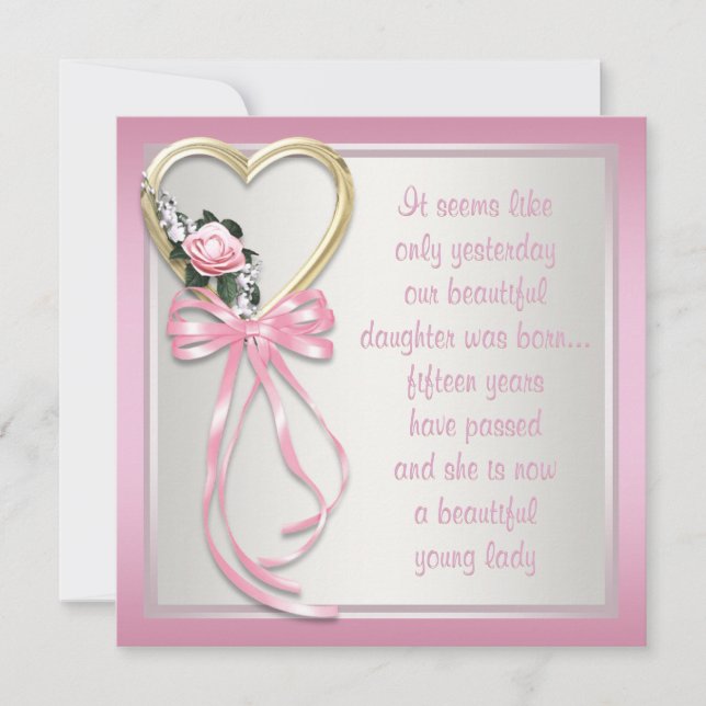 Rosa Herzklopfen Rose Rosa Weiße Quinceanera Einla Einladung (Vorderseite)