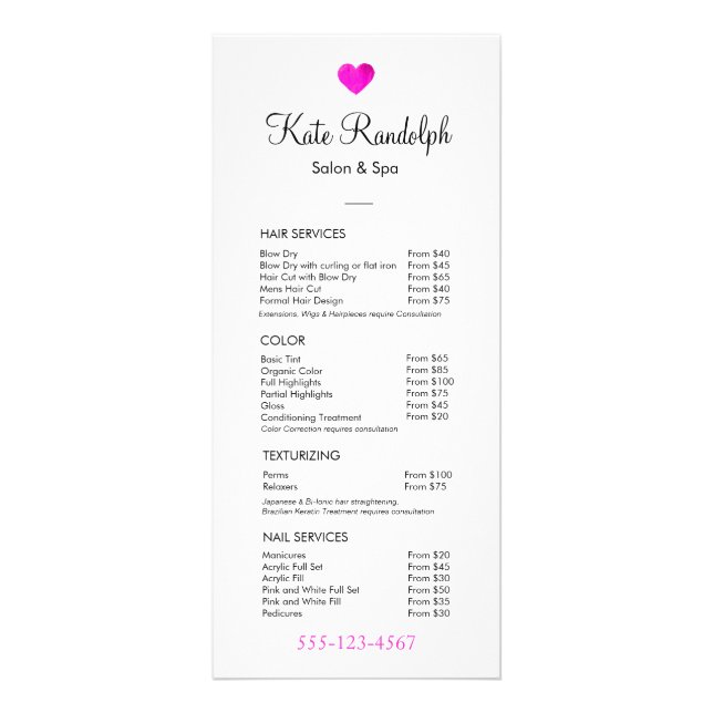 Rosa Herzmuskel Stylist White Price List Menü (Vorne)