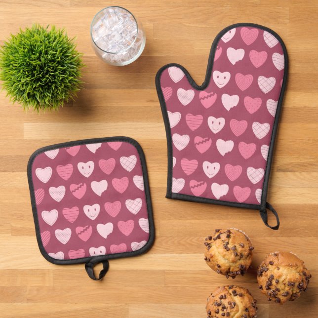 Rosa Herzmuster Ofen Mitt und Pot Holder Set (Oben Unten)