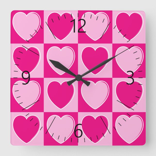 Rosa Herzmuster Quadratische Wanduhr (Vorderseite)