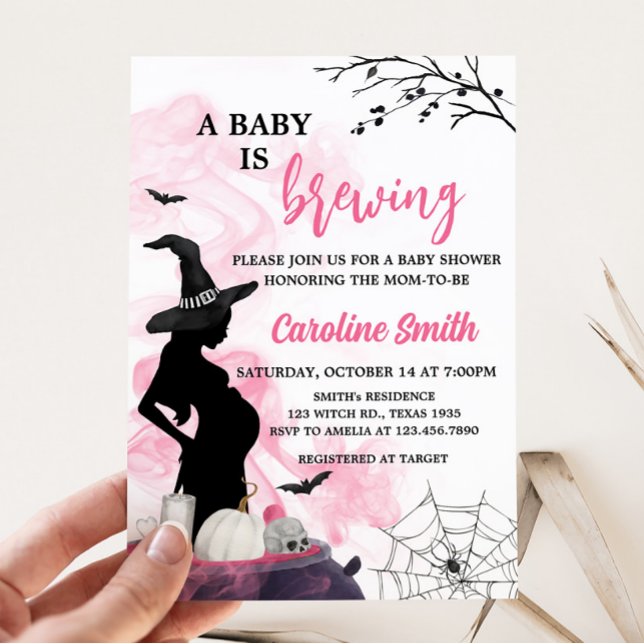 Rosa Hexe ein Baby wird Babydusche brauen Einladung (Girl Halloween Baby Shower Invitation)