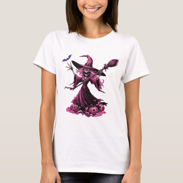 Rosa Hexe mit Tallerhut und Wand - Halloween Desi T-Shirt (Vorderseite)