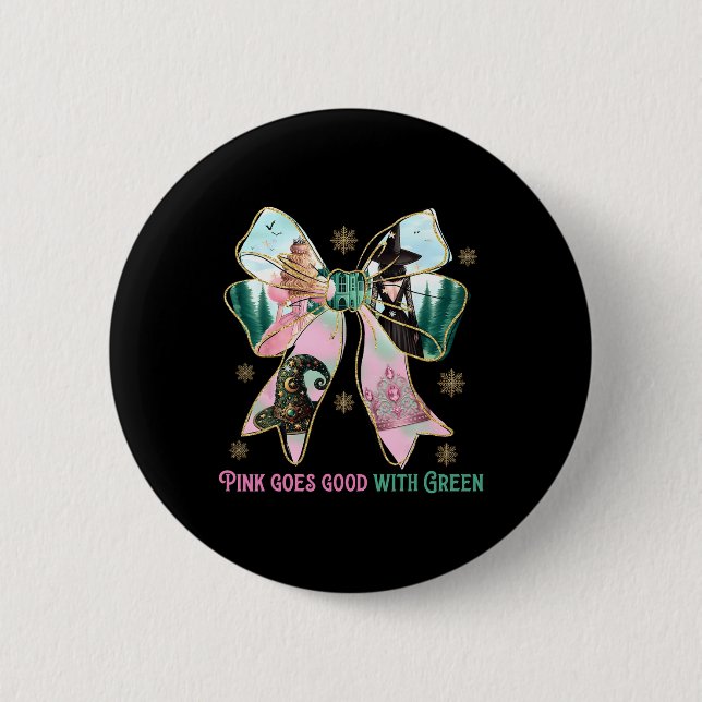 Rosa Hexe wird gut mit grüner Halloween-Hexe Button (Vorderseite)