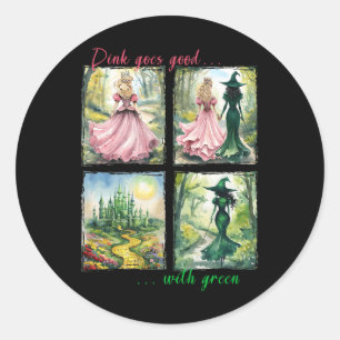 Rosa Hexe wird gut mit grüner Halloween-Hexe Runder Aufkleber