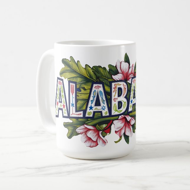 Rosa Hibiskus Alabama Typografie Kaffeetasse (Vorderseite Links)