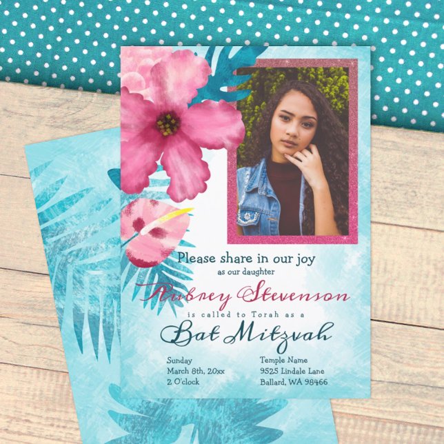 Rosa Hibiskus, Aquamarines blaues Bat Mitzvah Einl Einladung (turquoise blue and pink bat mitzvah invitation, hibiscus flower, 12th birthday party invitation)