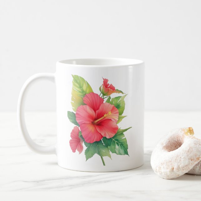 Rosa Hibiskus Aquarellfarben Blume Kaffeetasse (Mit Donut)