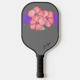 Rosa Hibiskus Blume auf Grau Personalisiert Pickleball Schläger