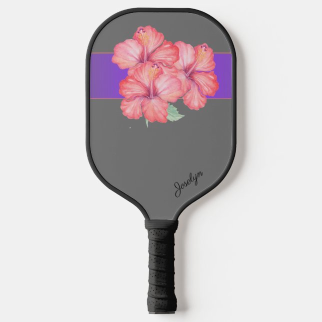 Rosa Hibiskus Blume auf Grau Personalisiert Pickleball Schläger (Vorderseite)