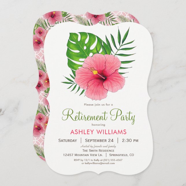 Rosa Hibiskus Blume Pensionierung Party Einladung (Vorne/Hinten)
