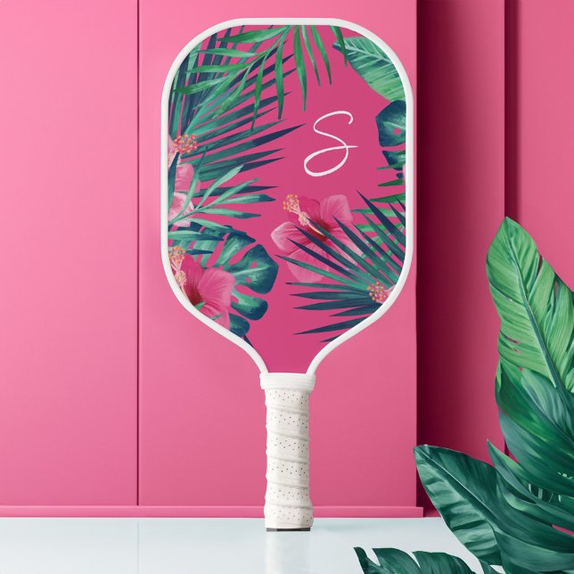 Rosa Hibiskus Blume Tropenpalmenblätter Monogramm Pickleball Schläger (Pink Hibiscus Flowers Tropical Palm Leaf Monogram Pickleball Paddle)
