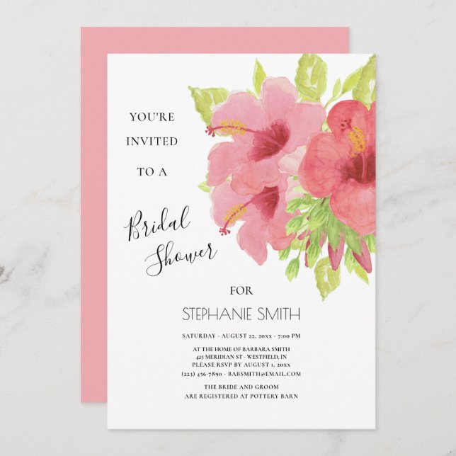 Rosa Hibiskus Blumenkohl Brautparty Einladung (Vorne/Hinten)
