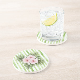 Rosa Hibiskus Blumenmuster Grüne Streifen   Getränkeuntersetzer