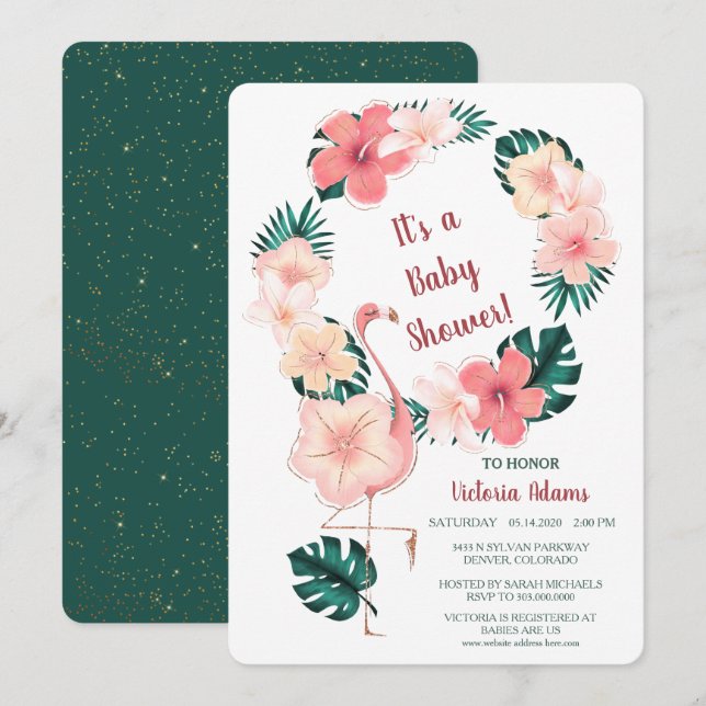 Rosa Hibiskus Flamingo Kinderdusche Einladung (Vorne/Hinten)