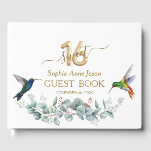 Rosa Hibiskus Humming birds Gold Sweet 16 Birthday Gästebuch