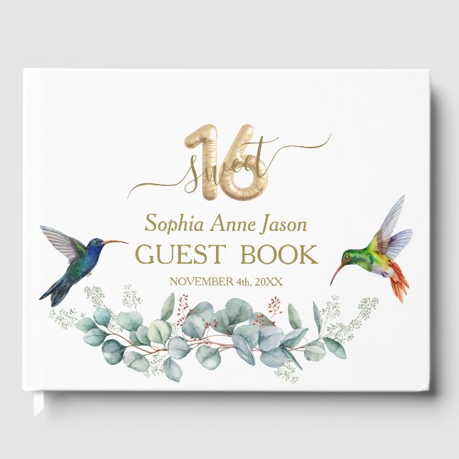 Rosa Hibiskus Humming birds Gold Sweet 16 Birthday Gästebuch (Vorderseite)