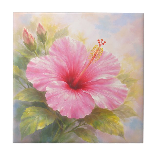 Rosa Hibiskus - Malstil Kunst Fliese (Vorderseite)