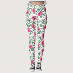 Rosa Hibiskus mit tropischen Blätter Leggings