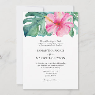 Rosa Hibiskus Monstera Leaf feierliche Hochzeit Einladung