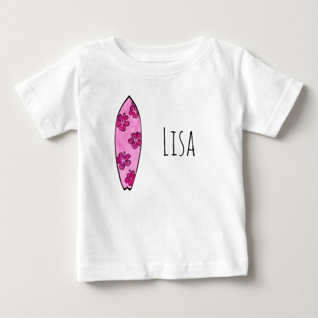 Rosa Hibiskus Surfboard mit benutzerdefinierbarem  Baby T-shirt (Vorderseite)