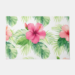 Rosa Hibiskus-Tropenpalme-Aquarell Fußmatte