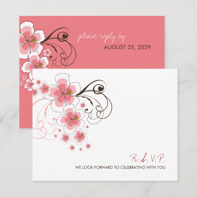 Rosa Hibiskus Tropical Beach Wedding RSVP Card Einladung (Vorne/Hinten)