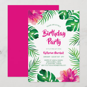 Rosa Hibiskus Tropical Blätter Geburtstagsparty Einladung