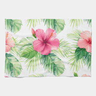 Rosa Hibiskus-Tropische-Palm-Wasserfarbe Geschirrtuch