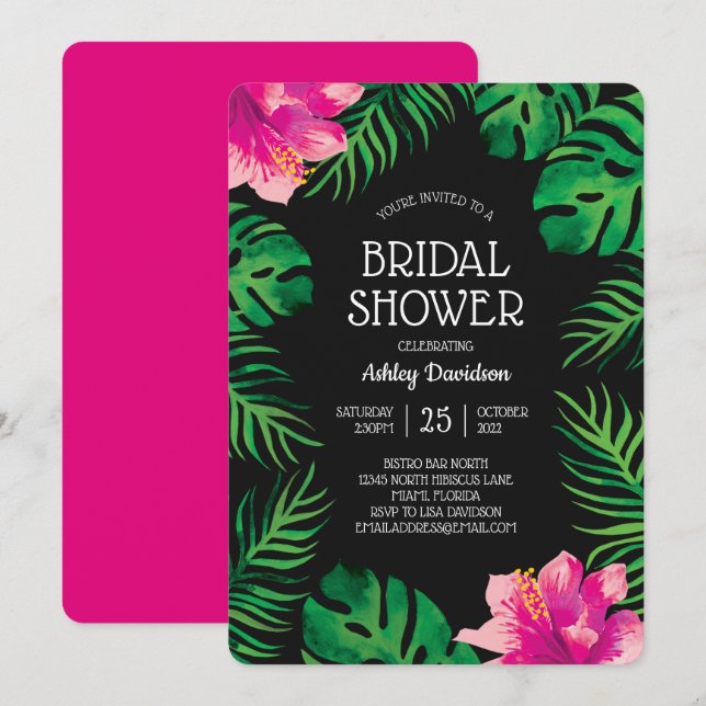 Rosa Hibiskus und tropische Blätter 2 Brautparty Einladung (Vorne/Hinten)