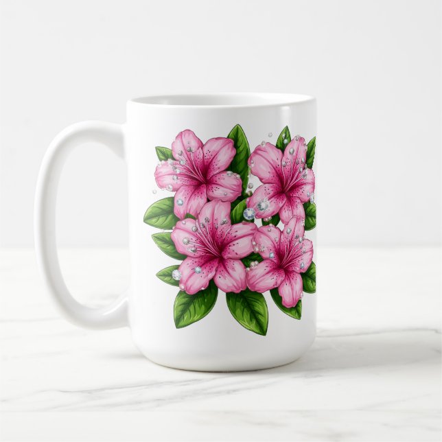 Rosa Hibiskusblumenstrauß mit grünen Blättern Kaffeetasse (Links)