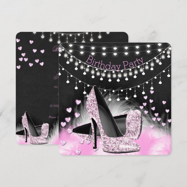 Rosa High Heels Birthday Chalkboard Lights Einladung (Vorne/Hinten)