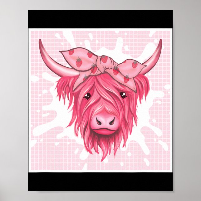 Rosa Highland Cow Strawberry Ästhetische Kernausri Poster (Vorne)