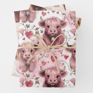 Rosa Highland-Kuh Valentinstag-Herzen Geschenkpapier Set