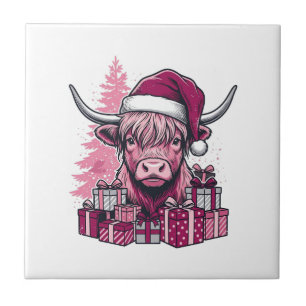 Rosa Highland-Kuh-Weihnachtsgeschenke Vintage-Kuns Fliese