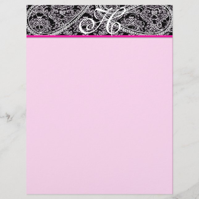 Rosa Himbeere Monogram Letterhead Black Paisley (Vorderseite)