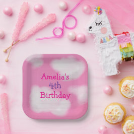 Rosa Himmel und flauschige Wolken Geburtstag Pappteller