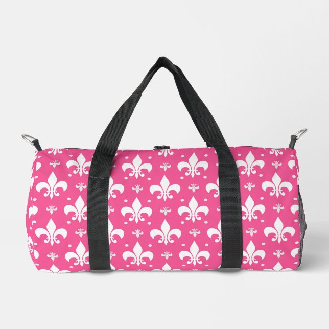Rosa Hintergrund Fleur-de-lis-Muster Duffle Bag (Vorderseite)
