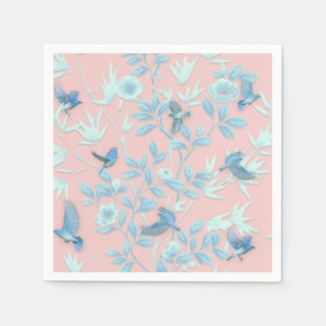 Rosa Hintergrund mit Vögeln und Blume Serviette (Vorderseite)