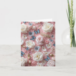 Rosa Hintergrund, Schmetterlinge & Blumen Leere Ka Dankeskarte