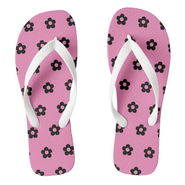 Rosa Hintergrund Schwarz Blume gedruckt-Sandal Flip Flops (Fußbett)